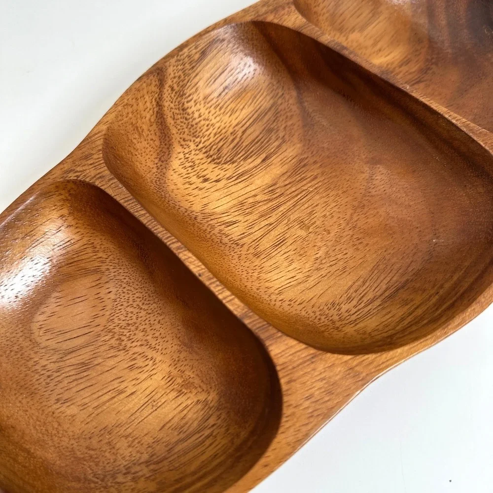 Vtg MCM Hand Carved Wood Divided Serving Tray Nuts Candy Relish Costal Boho Tiki